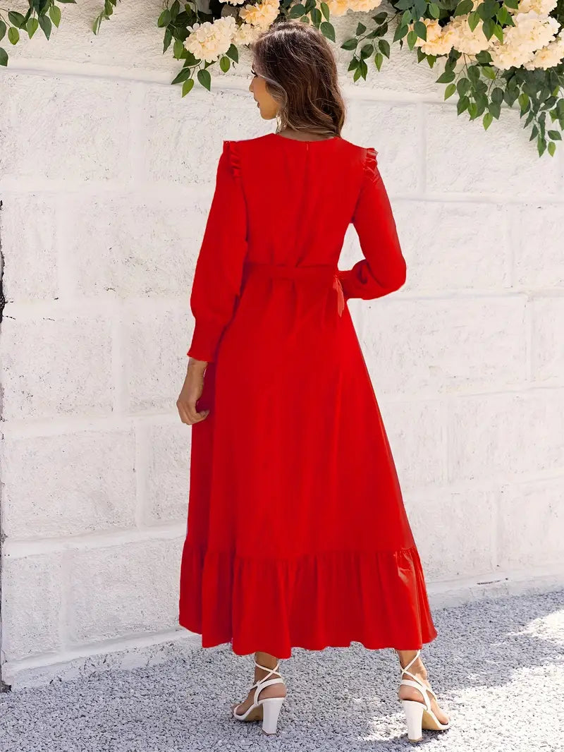 Elvia Minimalist Women's Belted and Flounced Maxi Dress Designer Edit
