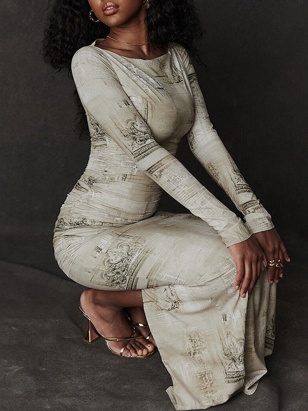 Long Sleeves Skinny Printed Split-Back Split-Joint Round-Neck Evening Dresses Maxi Dresses - View 10 | VelvetHem