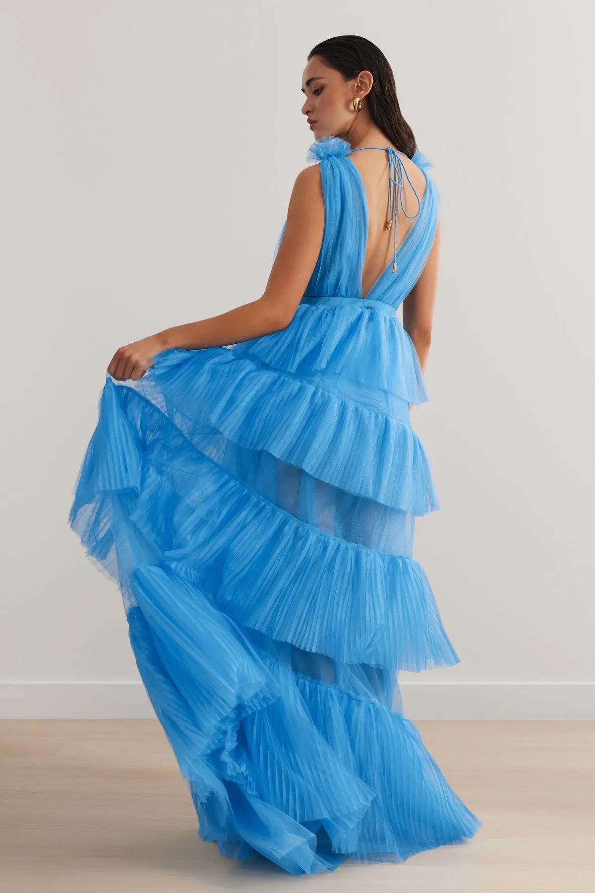 Blue Prom Dresses V Neck Special Occasion Dress Tiered Tulle Backless Side Split Wedding Party Gown Graduation Dress
