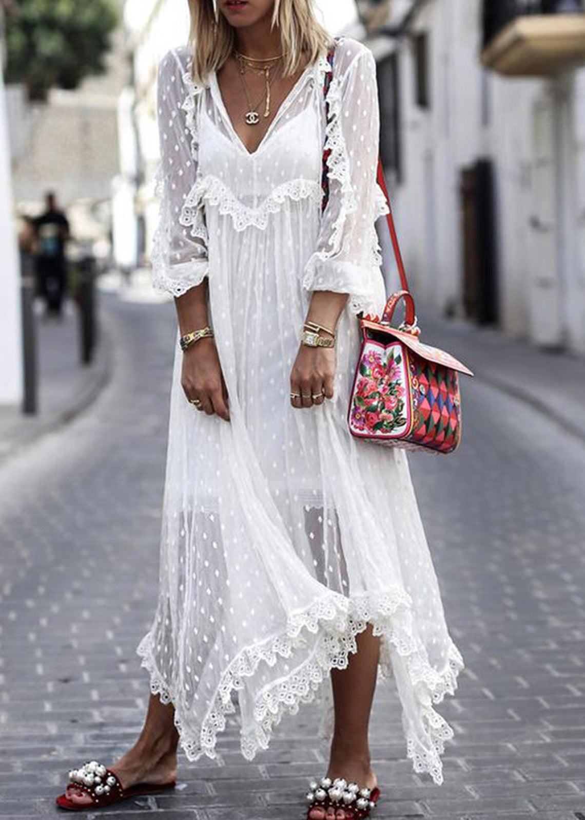 White Jacquard Polka Dot See-through Maxi Dress Long Sleeve - Omychic