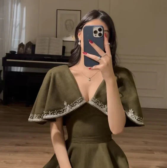Retro Style V Neck Long Prom Dress,Winter Dance Dress