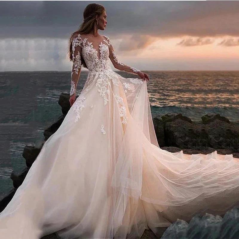 Lace Appliqued Bridal Gown For Women Illusion Long Sleeves Beach Wedding Dress Light Champagne Robe De Mariée Bride Dresses by payinti