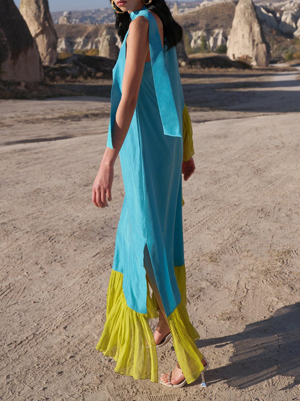 Loose Asymmetric Contrast Color Pleated Split-Joint Streamer One-Shoulder Evening Dresses Maxi Dresses - View 3 | VelvetHem