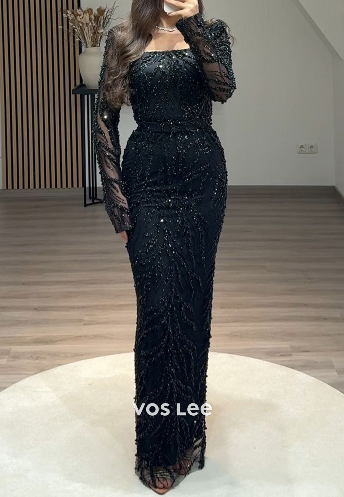 Column Floor-Length Square Long Sleeve Beading Glitter Split Formal Evening Dresses