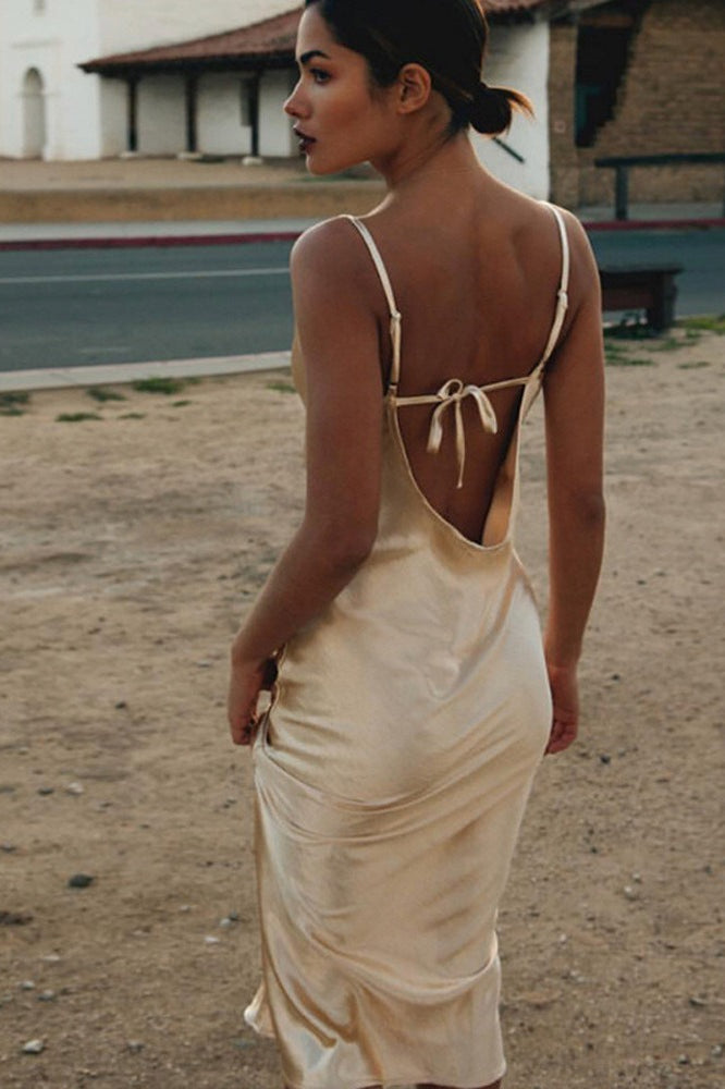 Satin Cami Tie Back Silk Dress - View 2 | VelvetHem