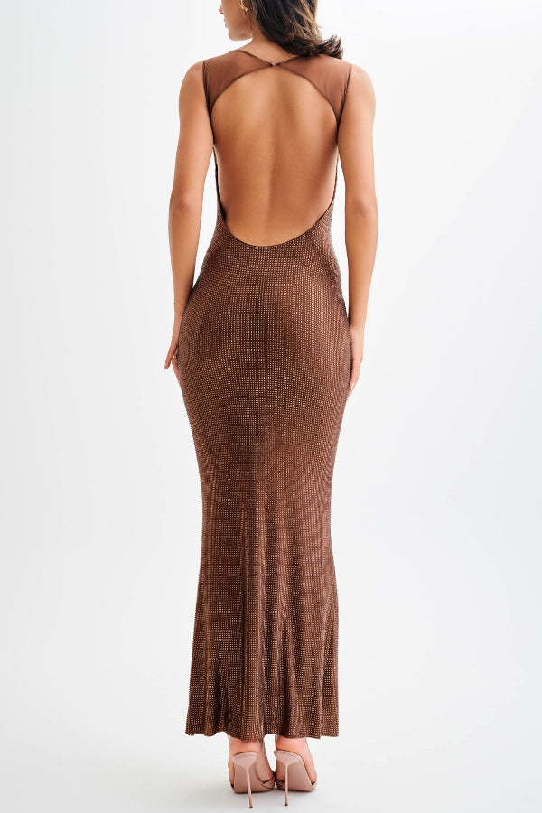 Louisa Aesthetic Midnight Fantasy Stretch Sequin Mesh Strap Open Back Maxi Dress Premium Wardrobe Essential