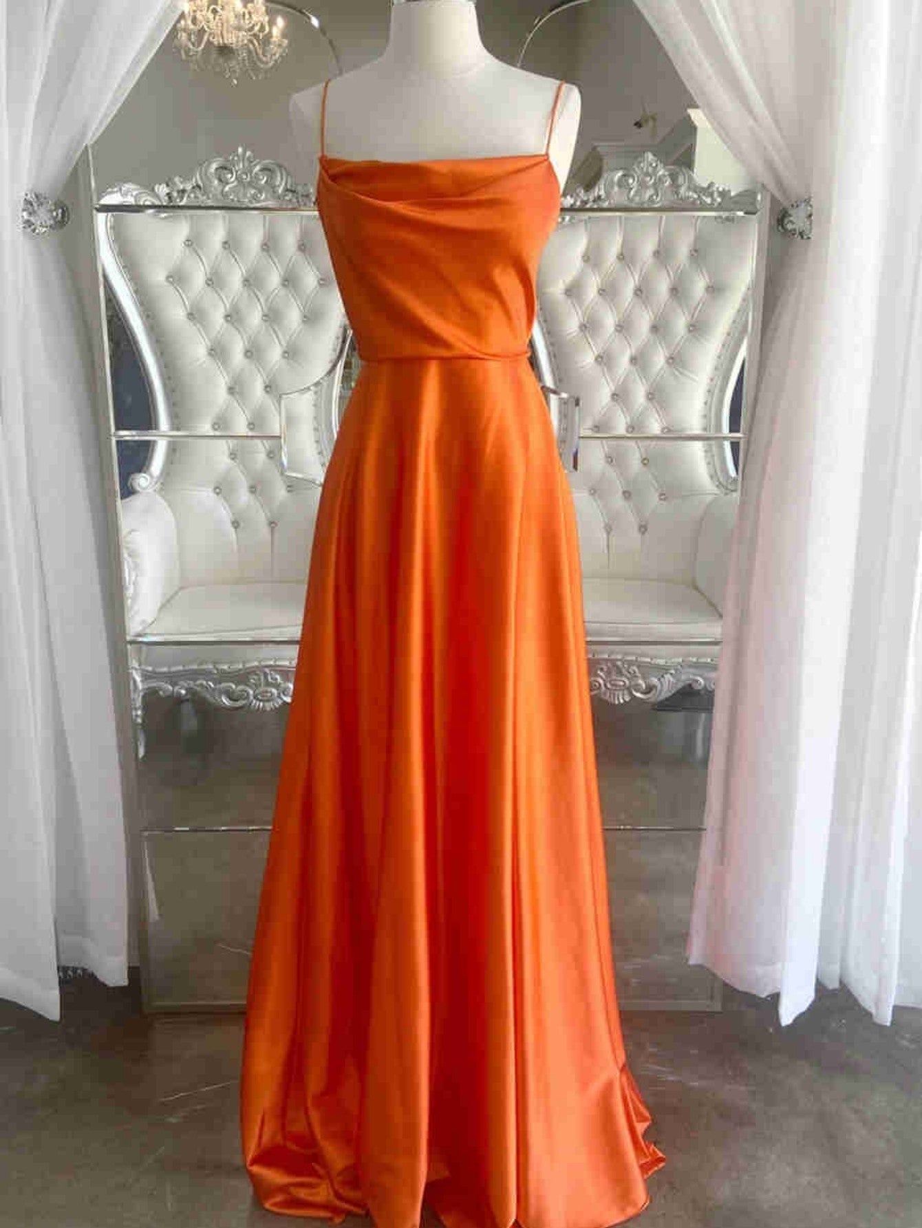 Orange Satin A Line Tight Long Prom Dress With Slit - Fashionpara
