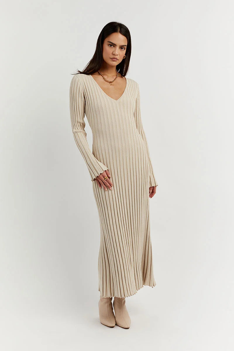 Luisa Elevated Knitted Midi Dress with V Neck and Sleeves Boutique Collection