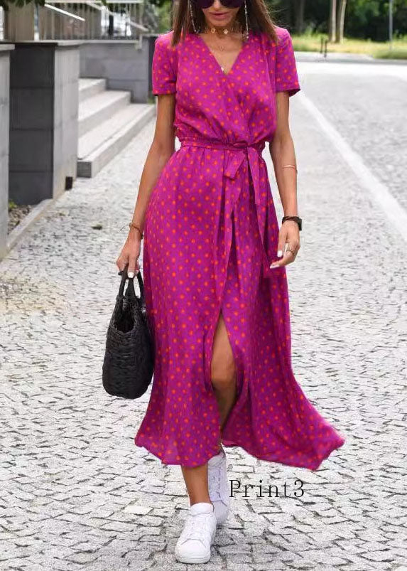New V Neck Print Side Open Tie Waist Cotton Dress Summer - View 4 | VelvetHem