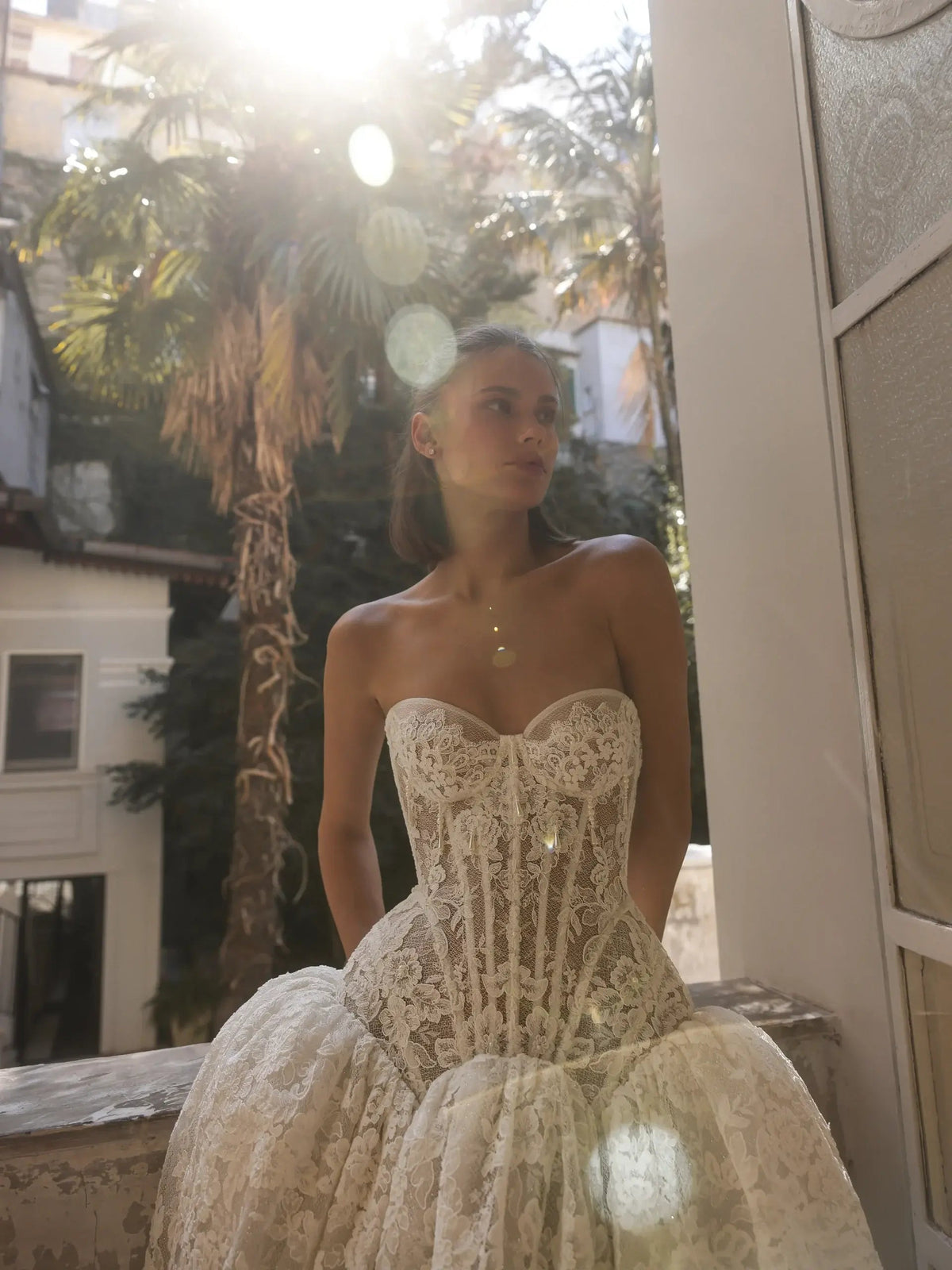 Bohemian Ivory Lace Strapless Ball Gown Wedding Dress ZP112