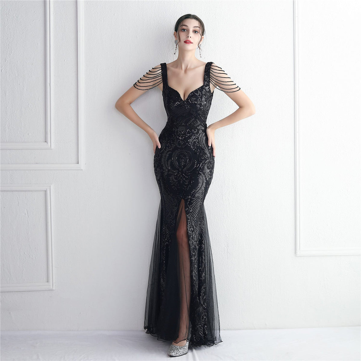 Sequin Mesh Craft Beaded Party Dress Long Cocktail Slim Fit Evening Dress Elegant Long - View 6 | VelvetHem
