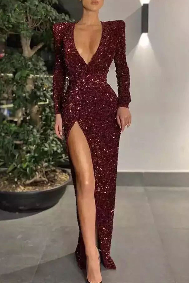 Sexy Formal Solid Sequined V Neck Evening Dress Dresses - View 3 | VelvetHem
