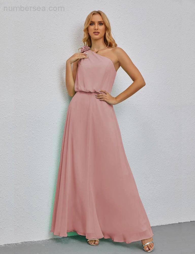 Ruffled One Shoulder Sleeveless Long Bridesmaid Dresses A-line Formal Evening Gown Side Split 28080 (ZD17018)