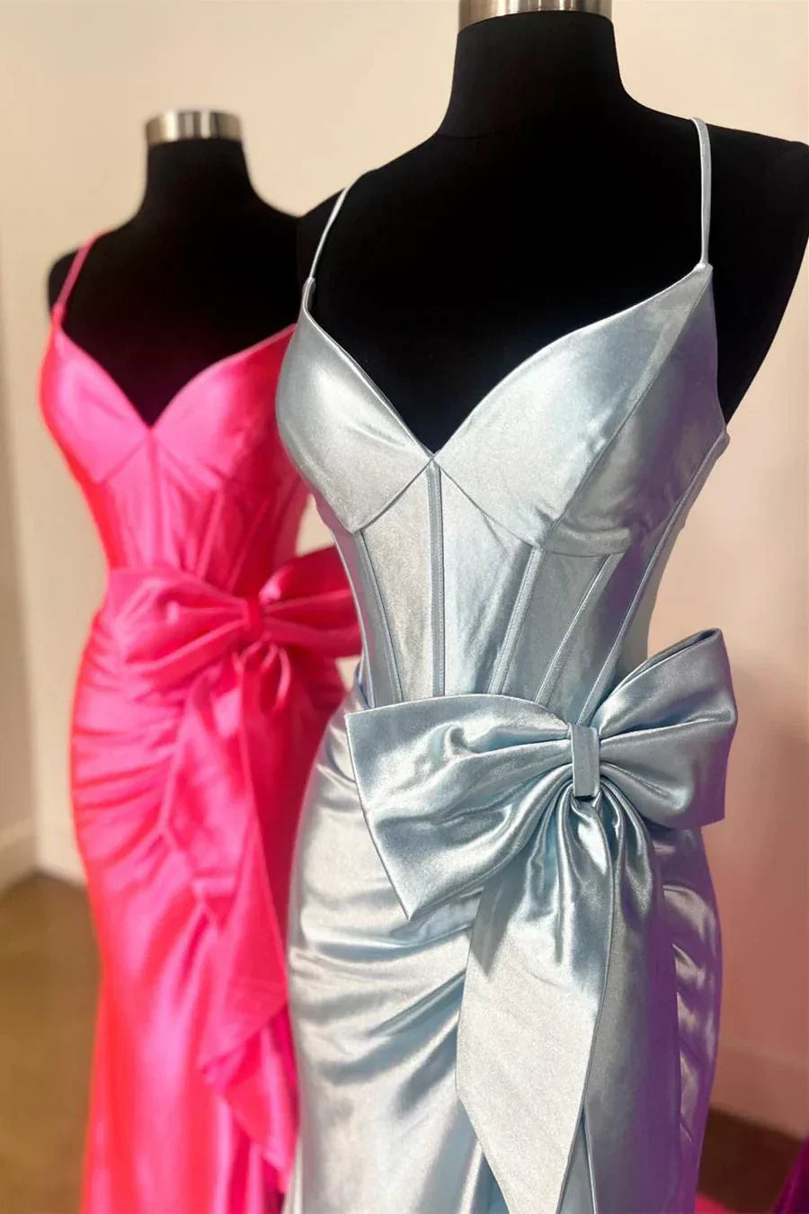 Lovely Pink Mermaid Lace Up Long Satin Prom Dress with Bowknot and Slit