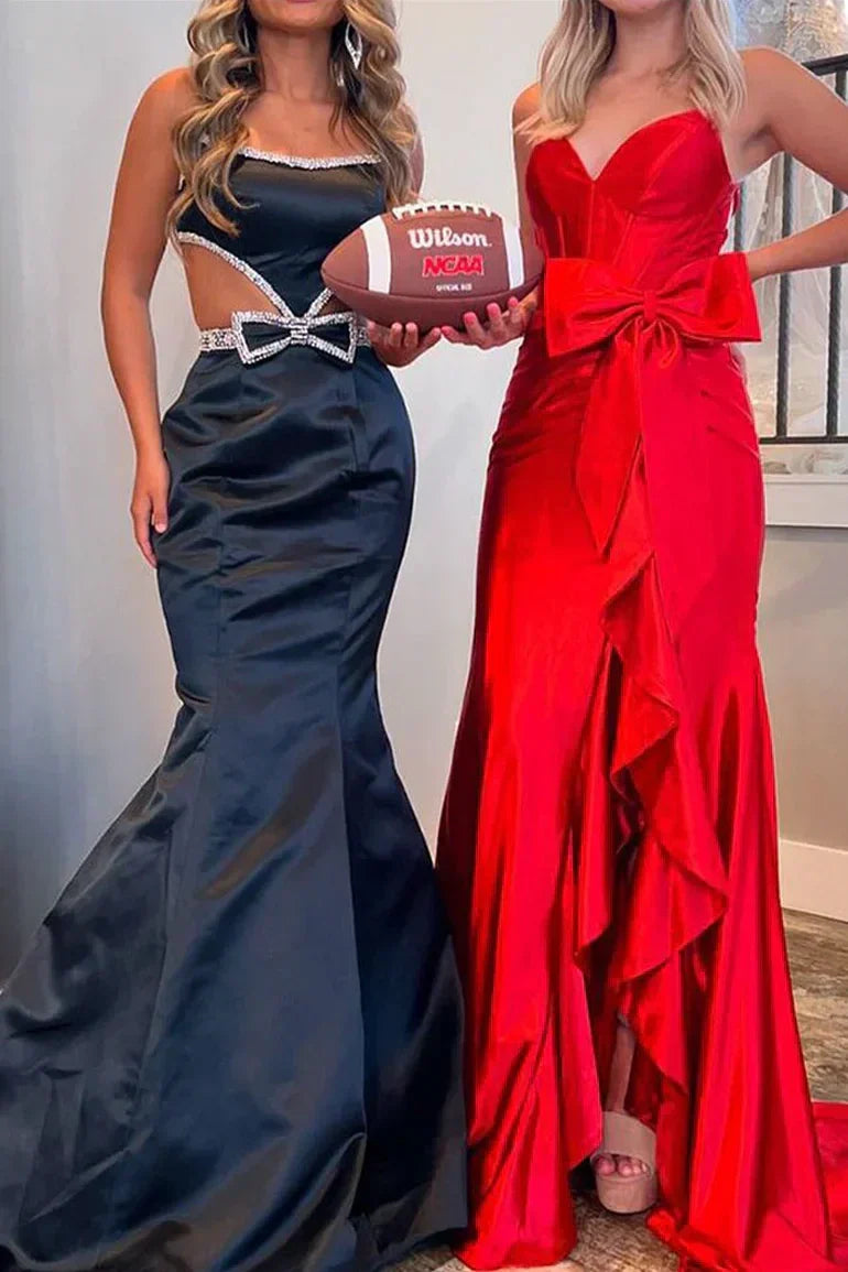 Lovely Pink Mermaid Lace Up Long Satin Prom Dress with Bowknot and Slit