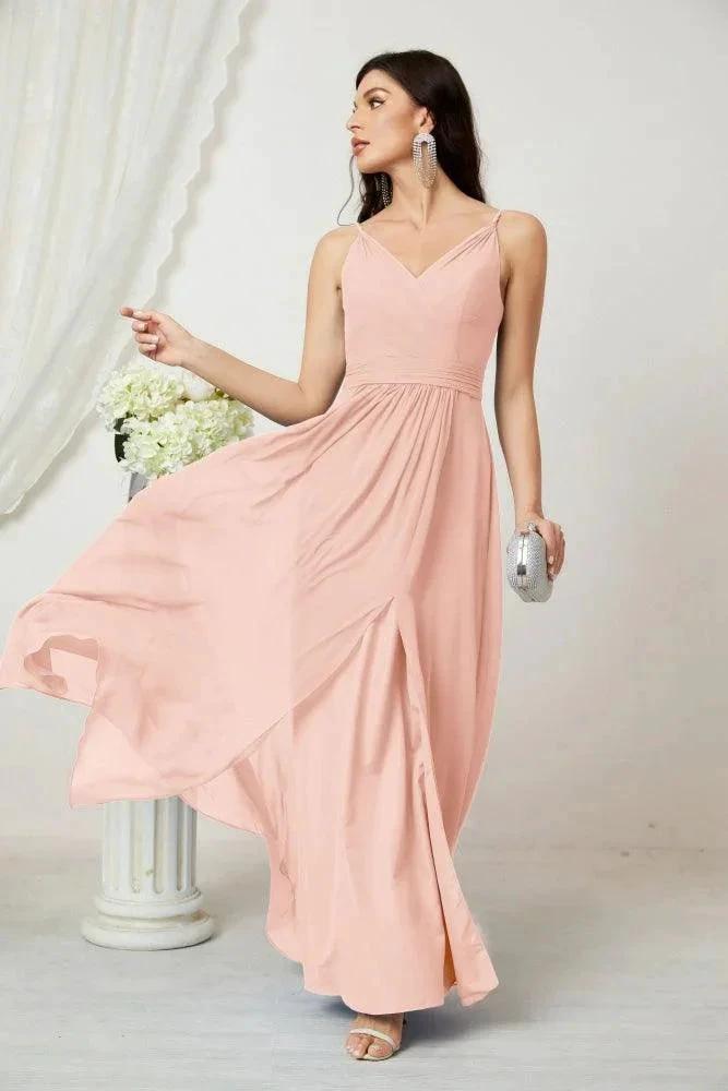 Numbersea Chiffon V-Neck Bridesmaid Dress Spaghetti Strap Long Formal Party Prom Gowns with Slit 28010 by numbersea