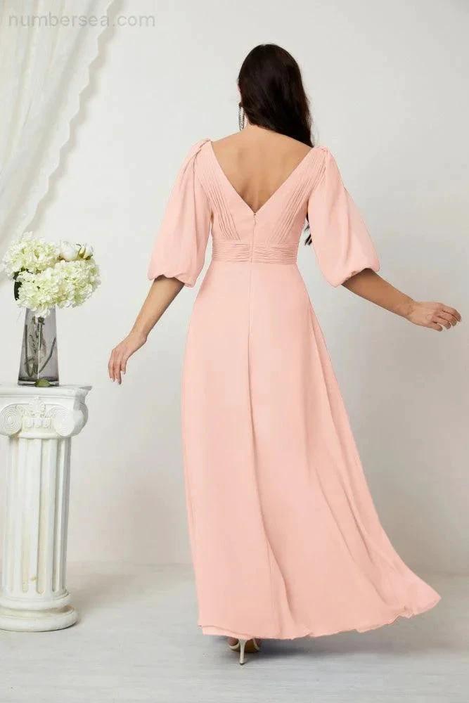ZapDress  Formal Prom Gown Women V-Neck Chiffon Bridesmaid Dresses Long Bishop Sleeve Party Dress 2807 (ZD17027)
