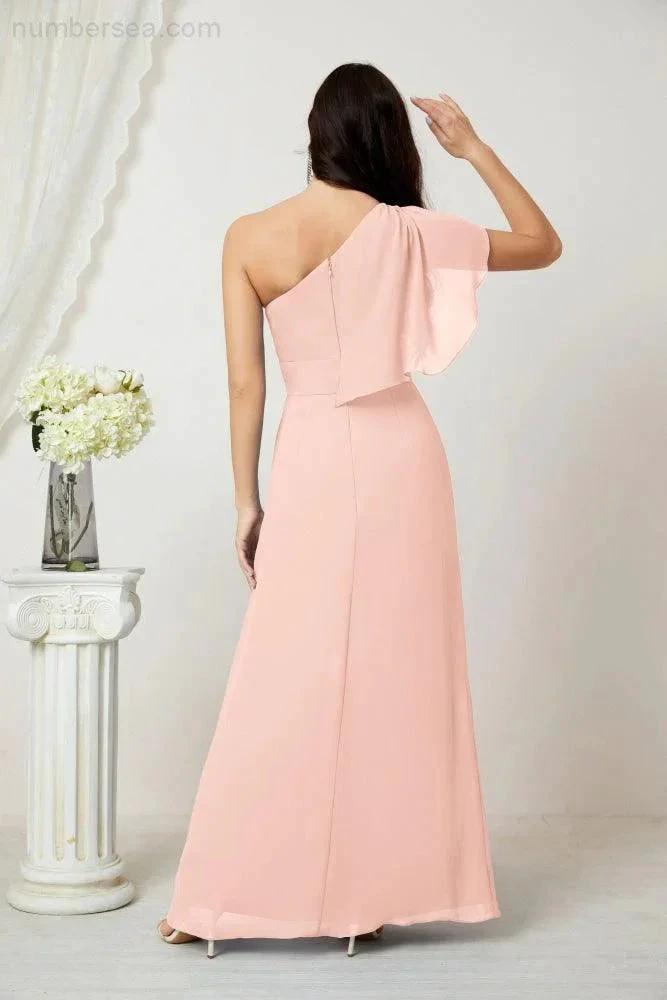 ZapDress  Chiffon Ruffled One Shoulder Long Bridesmaid Dresses A-line Formal Evening Gown Side Split 2809 (ZD17049)