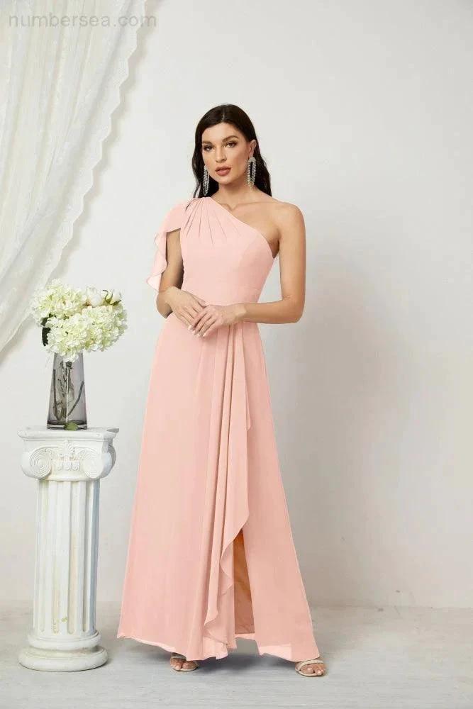 ZapDress  Chiffon Ruffled One Shoulder Long Bridesmaid Dresses A-line Formal Evening Gown Side Split 2809 (ZD17049)