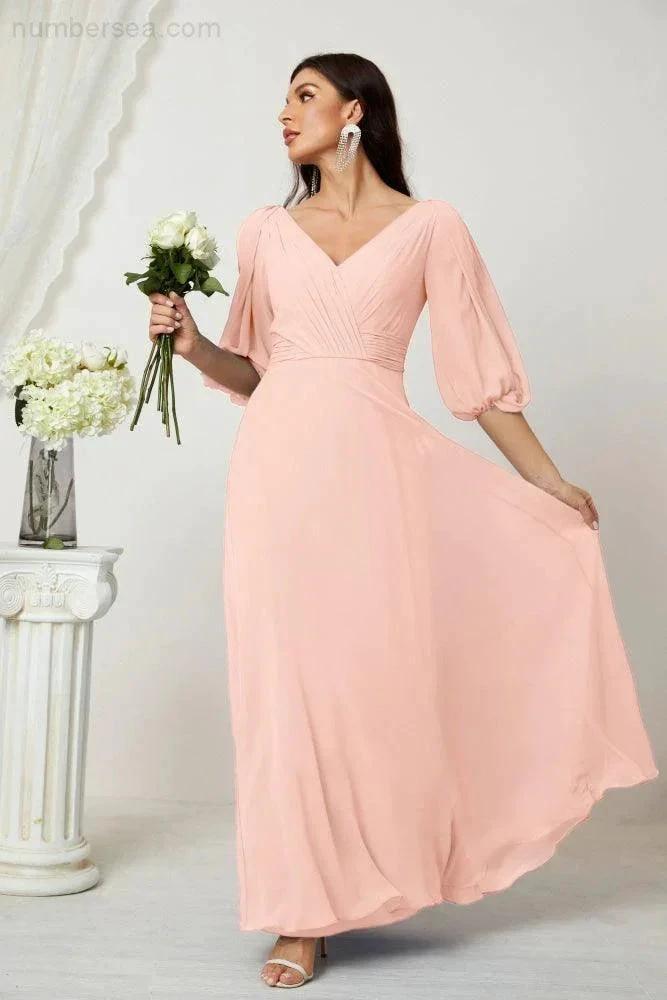 ZapDress  Formal Prom Gown Women V-Neck Chiffon Bridesmaid Dresses Long Bishop Sleeve Party Dress 2807 (ZD17027)