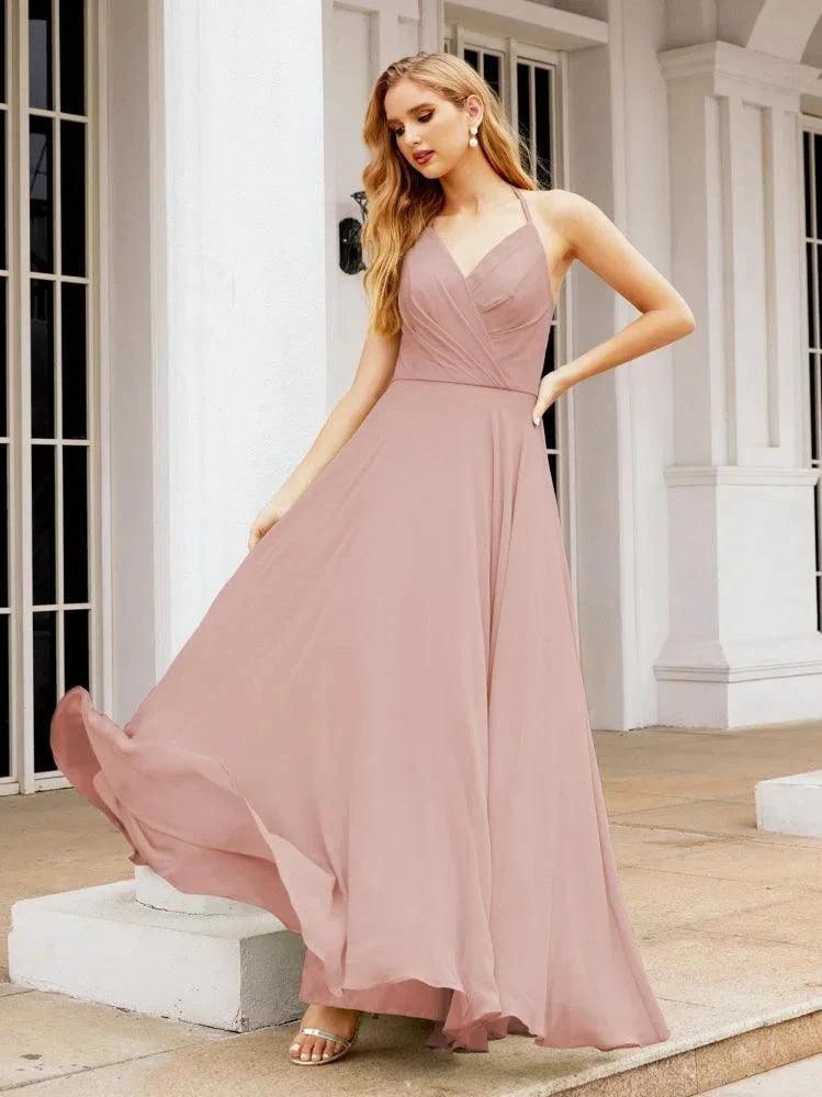 Numbersea Halter Chiffon Bridesmaid Dresses Wedding Appare Sleeveless Formal Prom Dress with Ruffled Back 28035 by numbersea