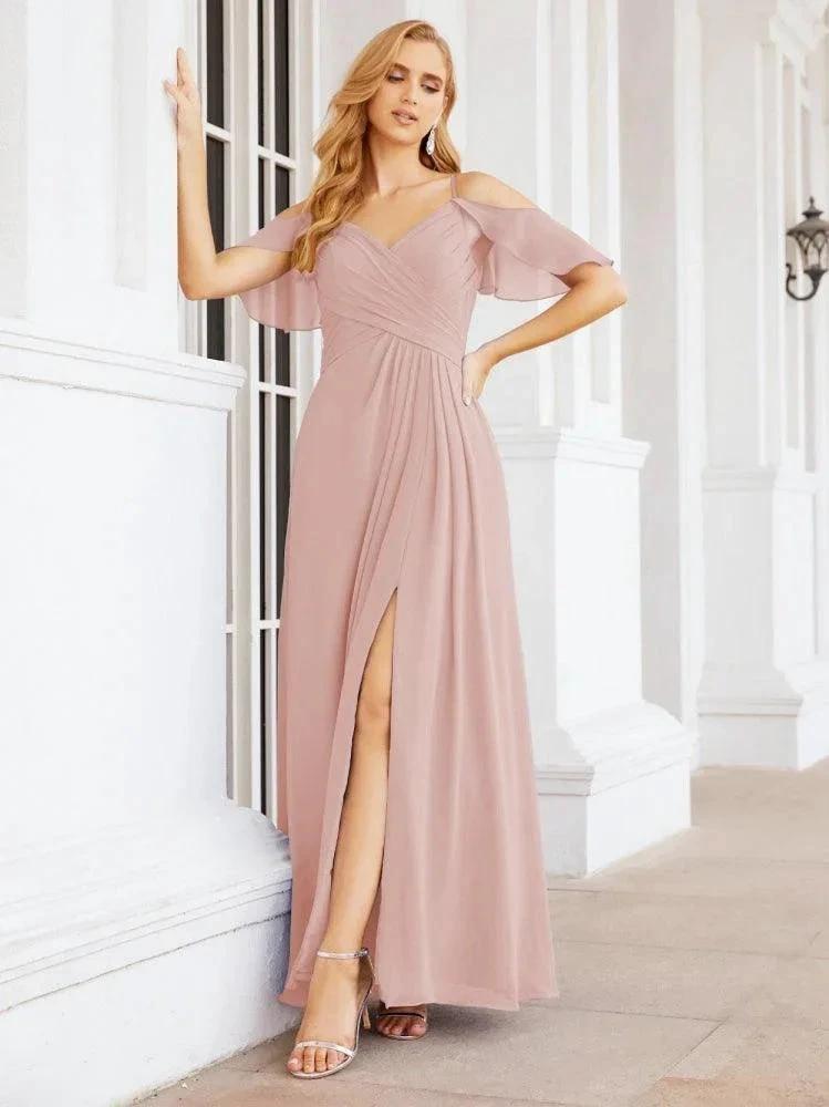 Numbersea Cold Shoulder Long Bridesmaid Dresses Side Slit Formal Prom Gowns Party Wedding 28070 by numbersea