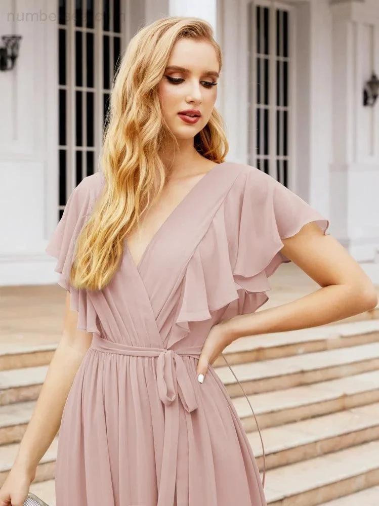 ZapDress Women's Open Back Formal Evening Party Prom Gowns V-Neck Long Chiffon Bridesmaid Dresses with Waist Belt 28038 (ZD17000)