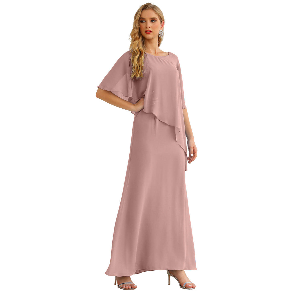 Sunnderly Chiffon Plus Size Mother of The Bride Dresses Formal Prom Gown Ruffle Cape - VelvetHem