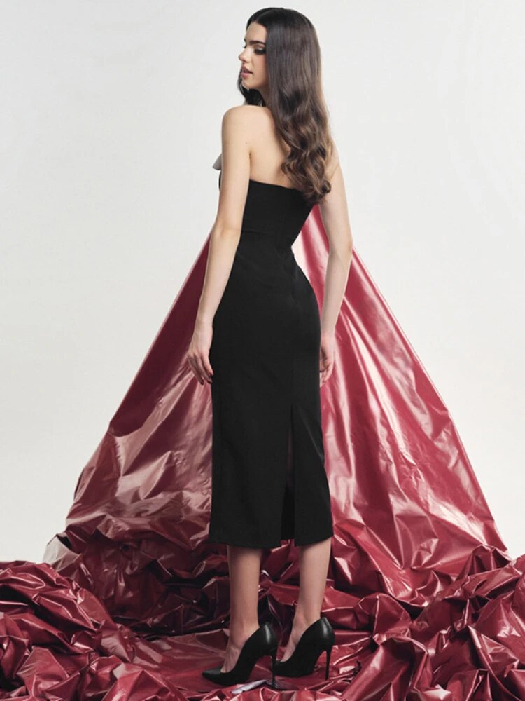 TARUXY Black Splice Bow Long Dress Women Sexy Slit Bodycon Off Shoulder Dresses Lady Wedding Elegant Party Evening Dress Femme - View 6 | VelvetHem