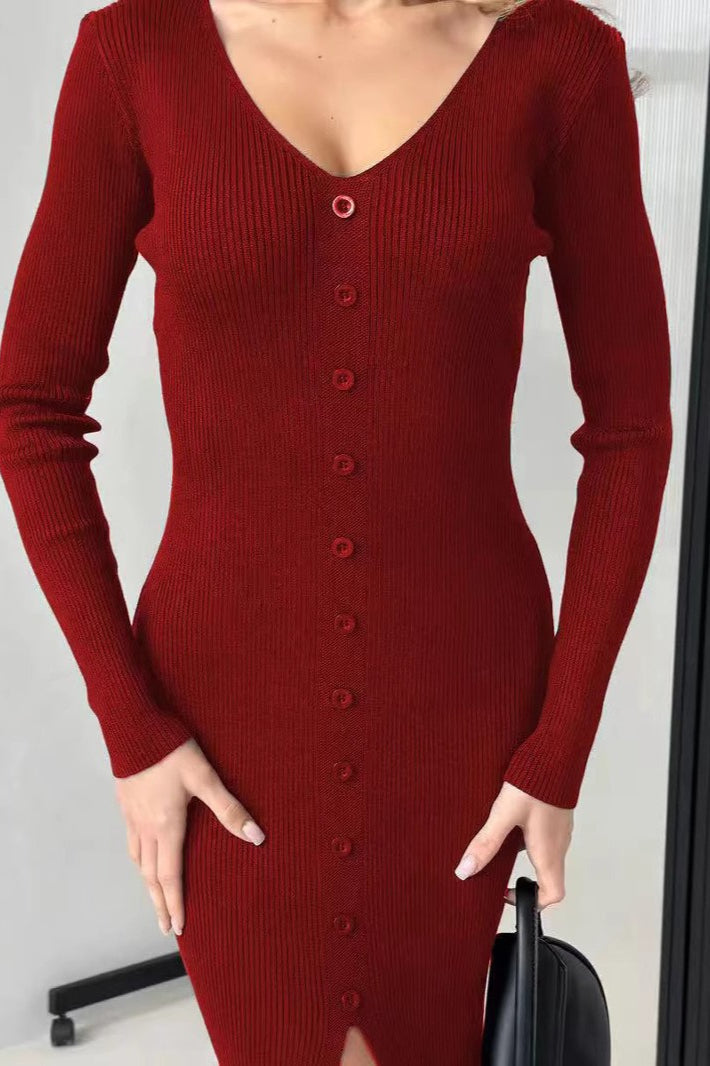 V-Neck Buttoned Split Fitted Bodycon Midi Knit Sweater Dress - View 4 | VelvetHem