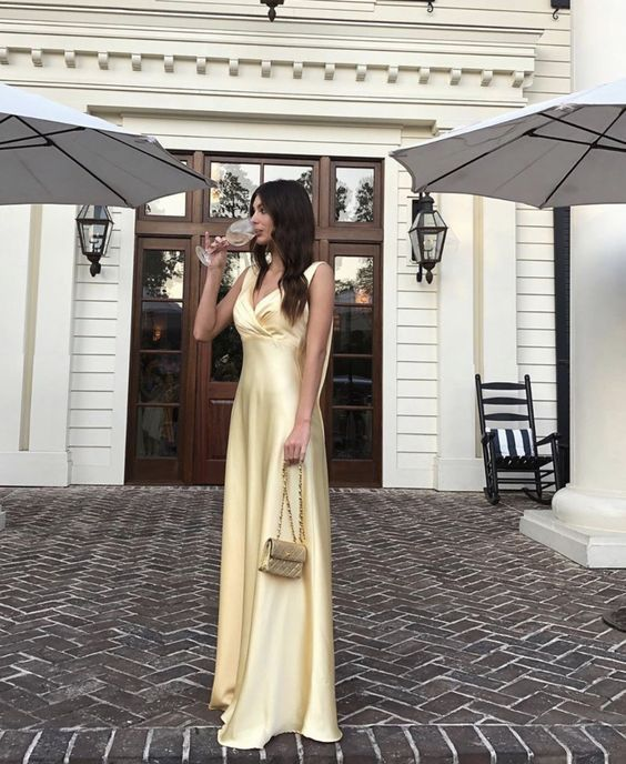 Classy A Line Yellow Satin Long Prom Dress Party Dress