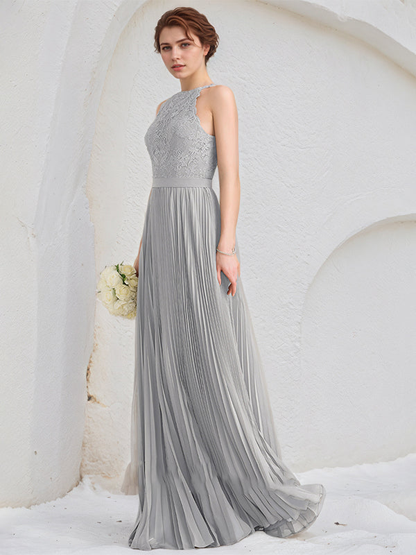 Silver A-Line Scoop Floor-Length Lace Chiffon Dresses With Pleated