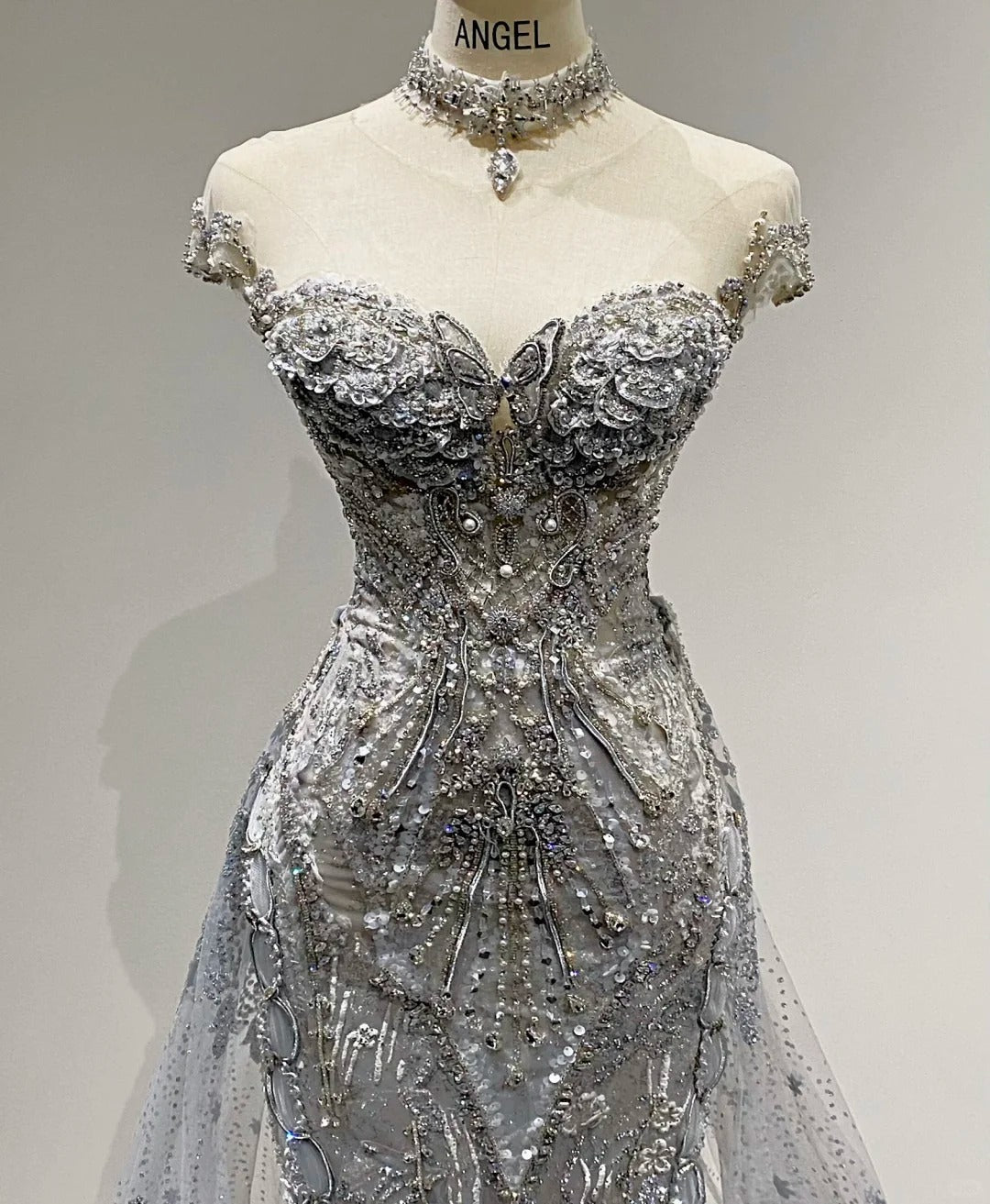 Luxurious And Sparkling Silver Mermaid Off-shoulder Beaded Train Wedding Dress cc5283