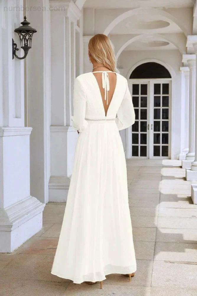 Ladies V Neck Chiffon Long Sleeve Front Slit Bridesmaid Evening Dress Wedding Party Shopping Evening Dress 28109 (ZD16991)