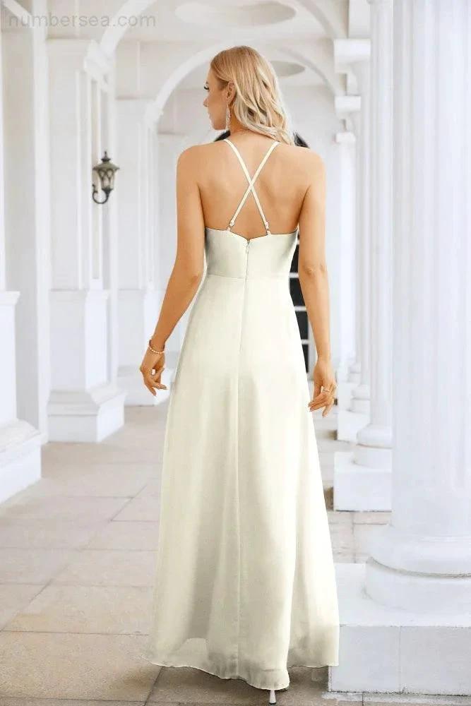 Ladies Chiffon Spaghetti Strap V Neck Front Slit Floor Length Bridesmaid Evening Dress Prom Party Wedding Evening Dress 28116 (ZD17012)