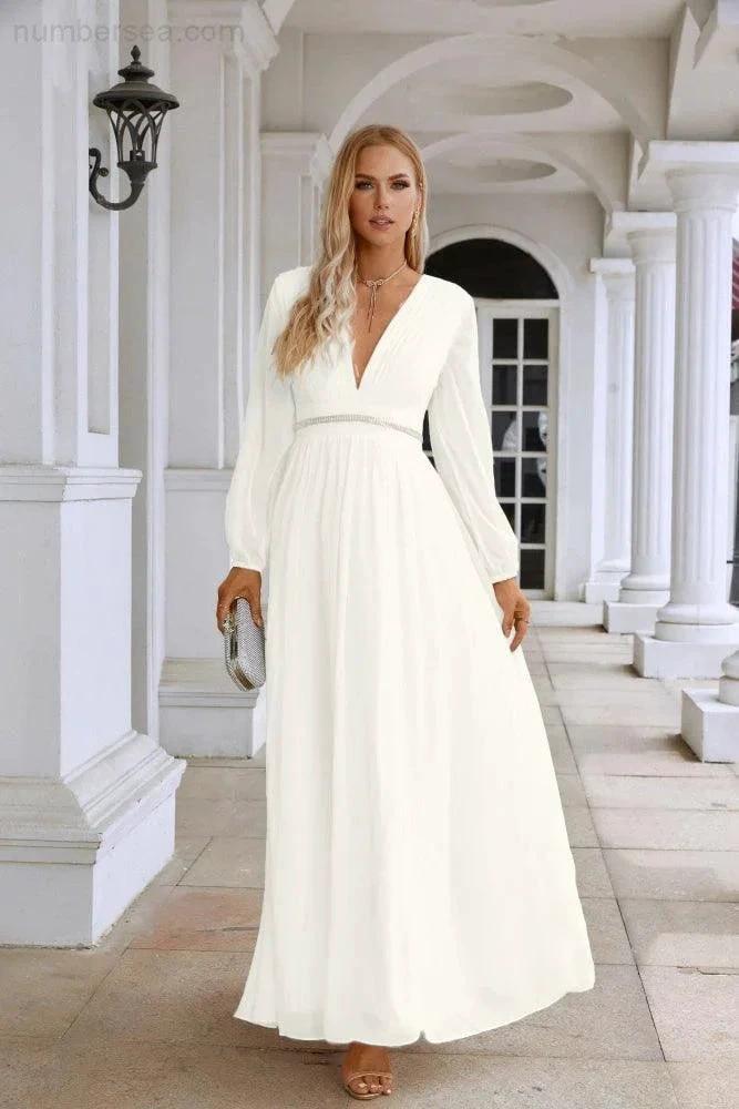 Ladies V Neck Chiffon Long Sleeve Front Slit Bridesmaid Evening Dress Wedding Party Shopping Evening Dress 28109 (ZD16991)