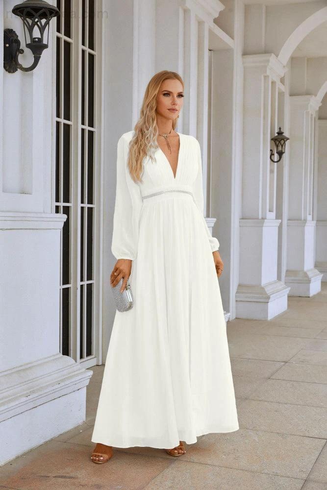 Ladies V Neck Chiffon Long Sleeve Front Slit Bridesmaid Evening Dress Wedding Party Shopping Evening Dress 28109 (ZD16991)