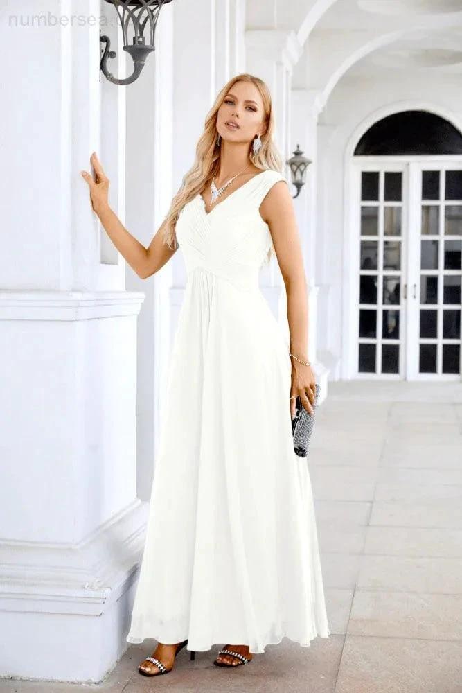 Ladies Chiffon V Neck Sleeveless Floor Length Bridesmaid Evening Dress Wedding Party Evening Dress 28126 (ZD16989)