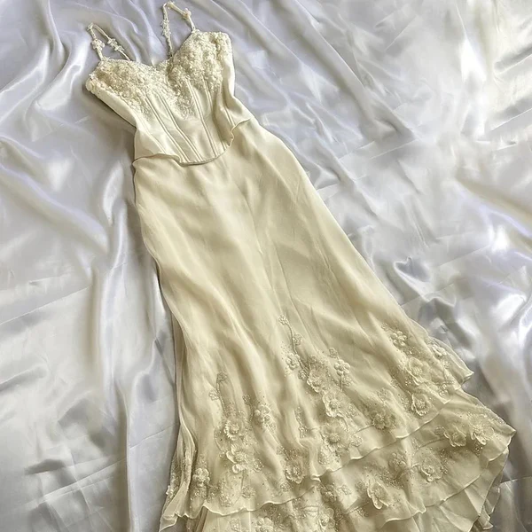 Spaghetti Straps Beige Long Prom Dress Beaded Flower Birthday Dress