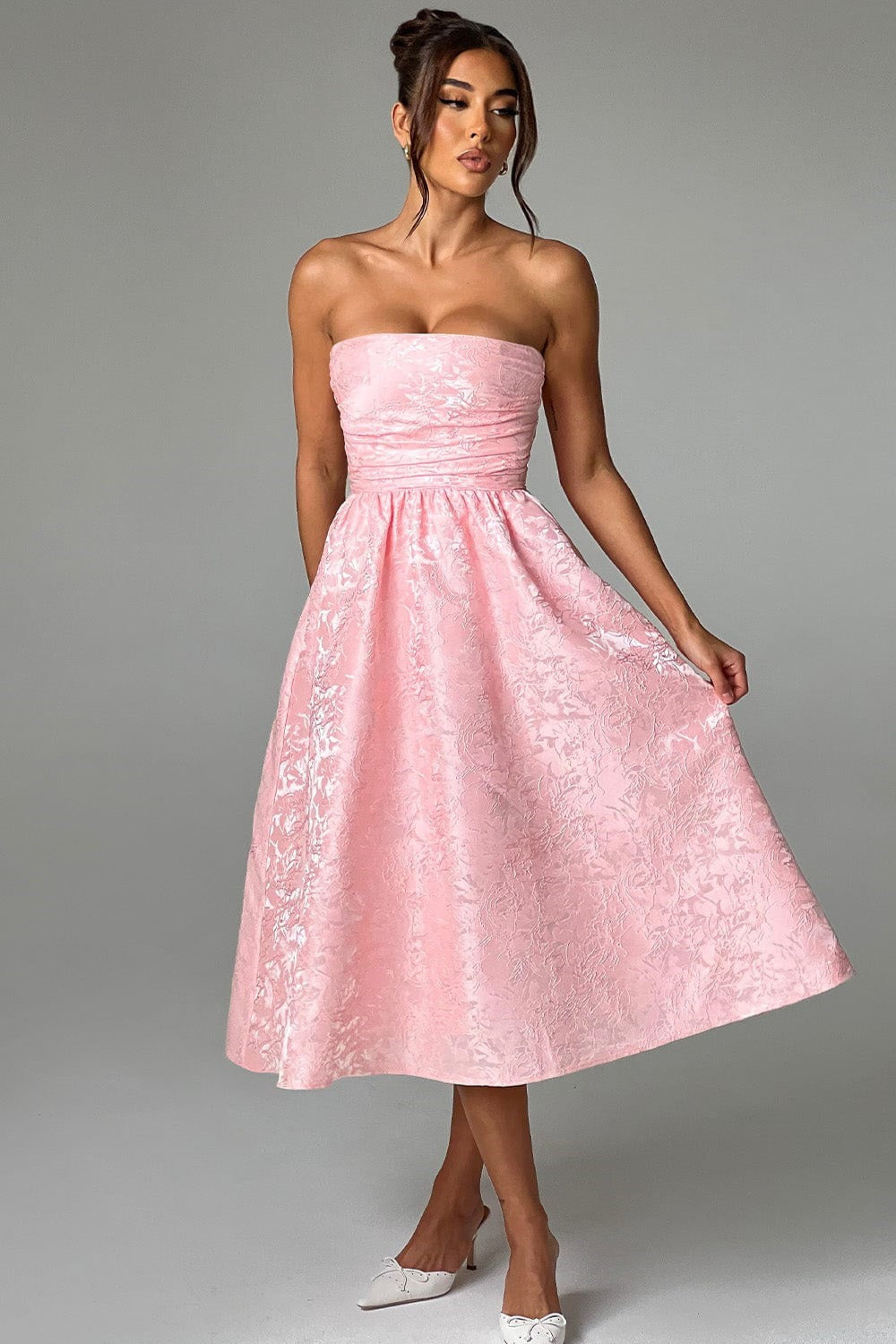 Urban Solid Jacquard Strapless Dress for Modern Fashion Wear