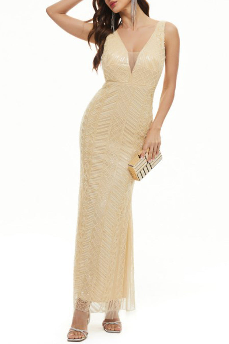 Sexy Formal Patchwork V Neck Evening Dress Dresses - View 7 | VelvetHem