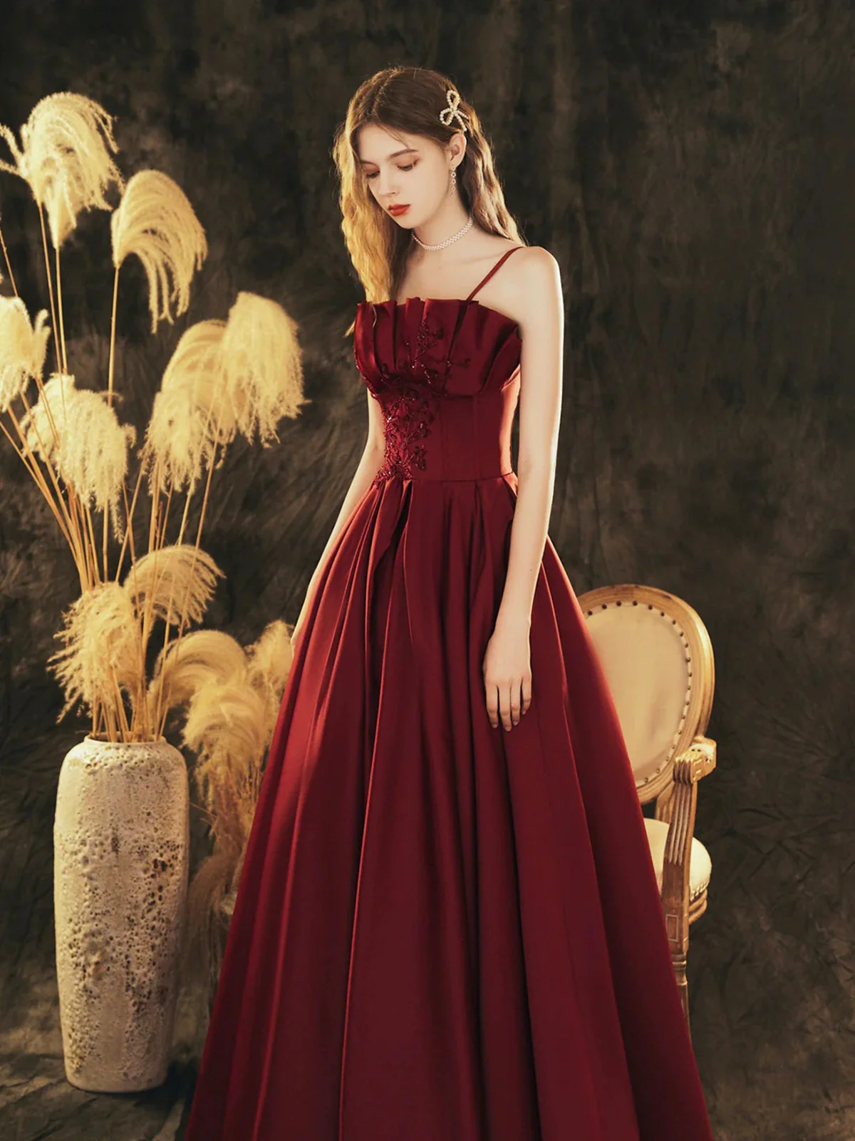 Wine Red Satin Beaded Straps Prom Dress Evening Dress, Wine Red A-line Formal Dress