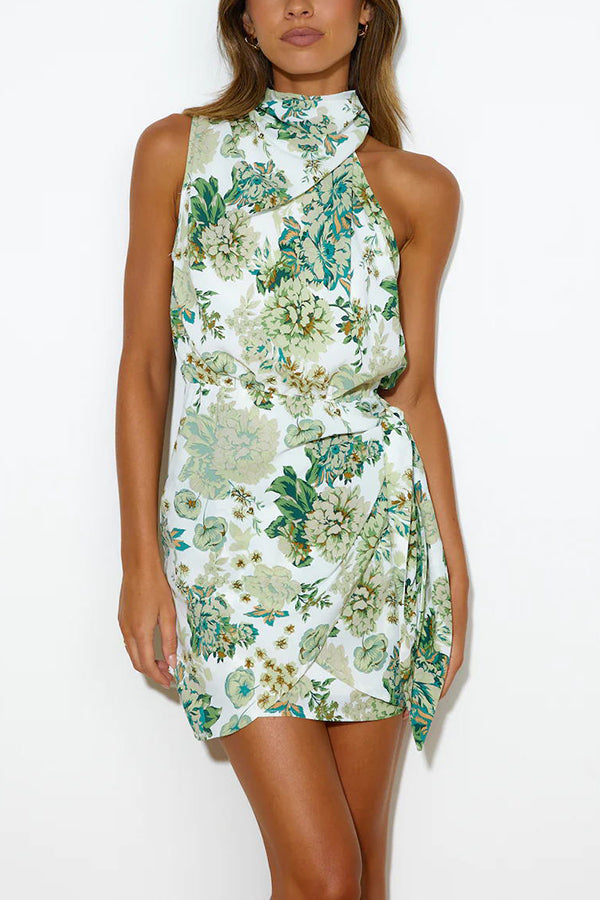 Floral High Neck Wrap Tie Mini Dress - Fashionpara