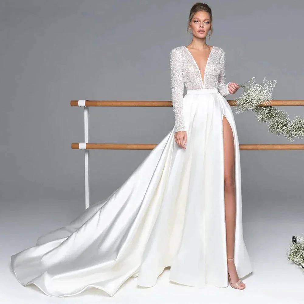 Luxury Long Sleeve Satin Wedding Dress Deep V-Neck Side Split Bridal Party Gown vestido de novia Sweep Train 2023 (ZD13471)