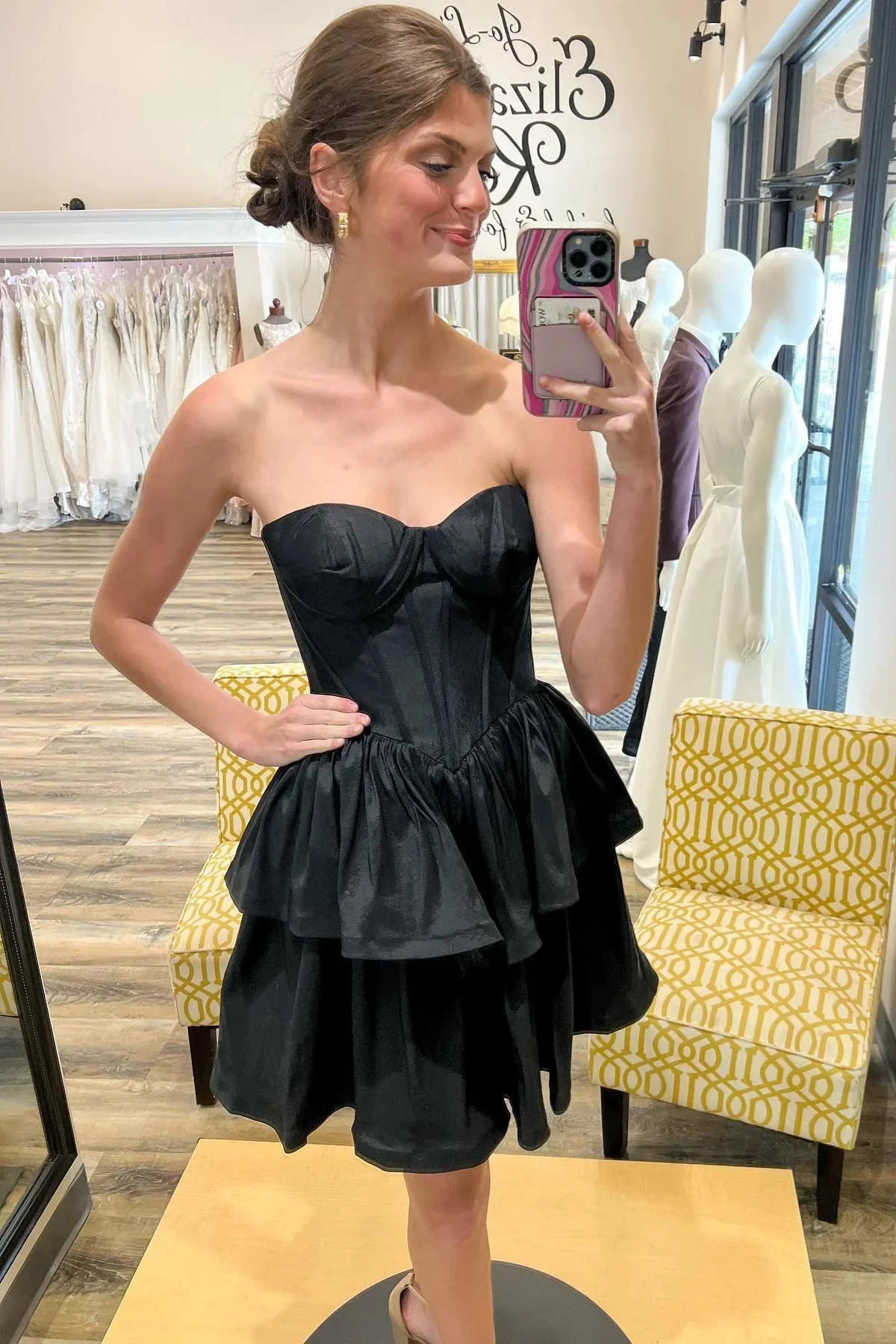 Black Strapless Satin Multi-Layers Homecoming Dress (ZD12248)