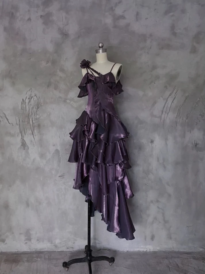 Purple Irregular Ruffle Spaghetti Straps Prom Dress Long Layered Birthday Dress Party Dress