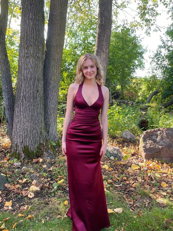 Burgundy Satin V Neck Long Prom Dress Evening Dress