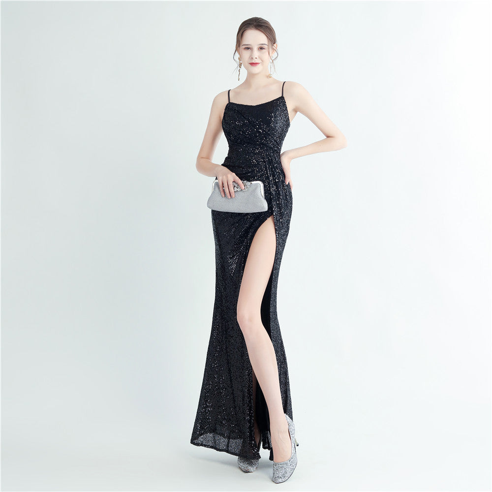 High Density Sequin Pleated Side Slit Sling Long Evening Dress - View 2 | VelvetHem