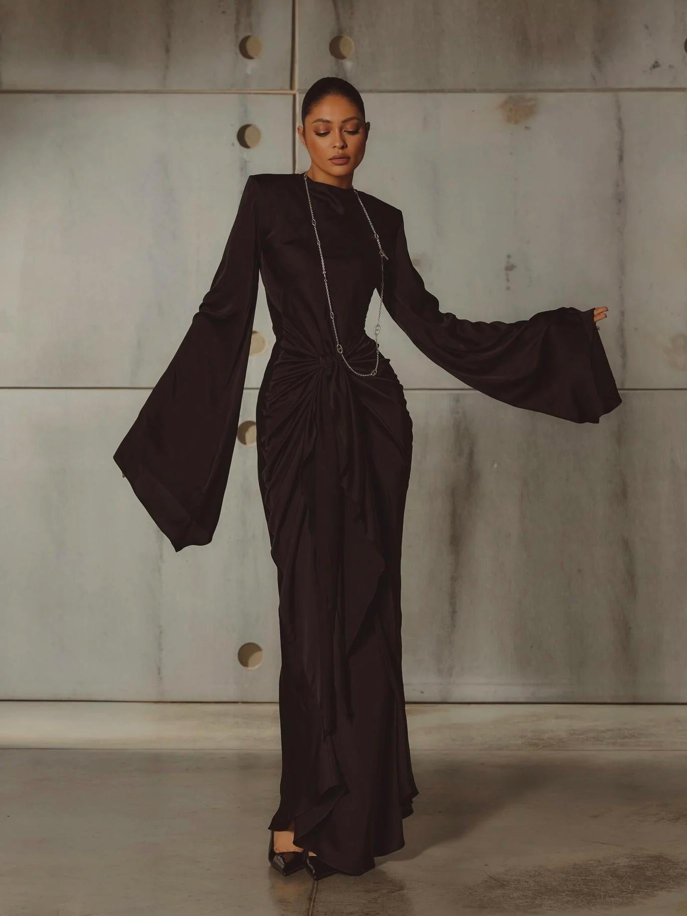 Gothic Style High Neck Dramatic Sleeves Maxi Dress