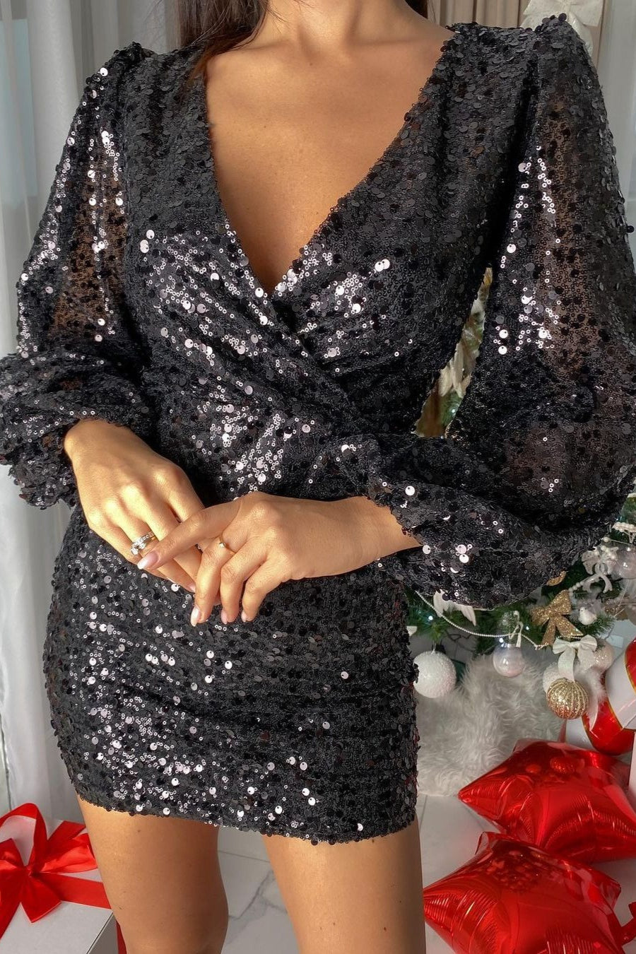 Long Sleeve V-Neck Sequin Bodycon Mini Sequin Dress - View 4 | VelvetHem